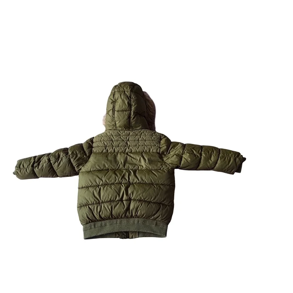 Zara Boys Olive Green Puffer Jacket Faux Fur Hood Quilted Winter Coat Size 4 104